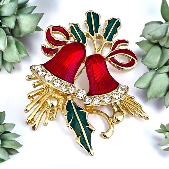 Vintage Holiday Pin Gold Tone Bells Crystals Red Green Enamel Christmas Pin 9A - Picture 1 of 5